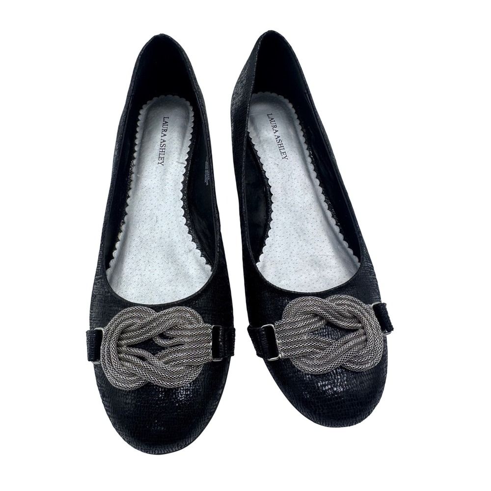 Laura Ashley 8M Black‎ Wedge Heels Women's Snake Print Knot Detail